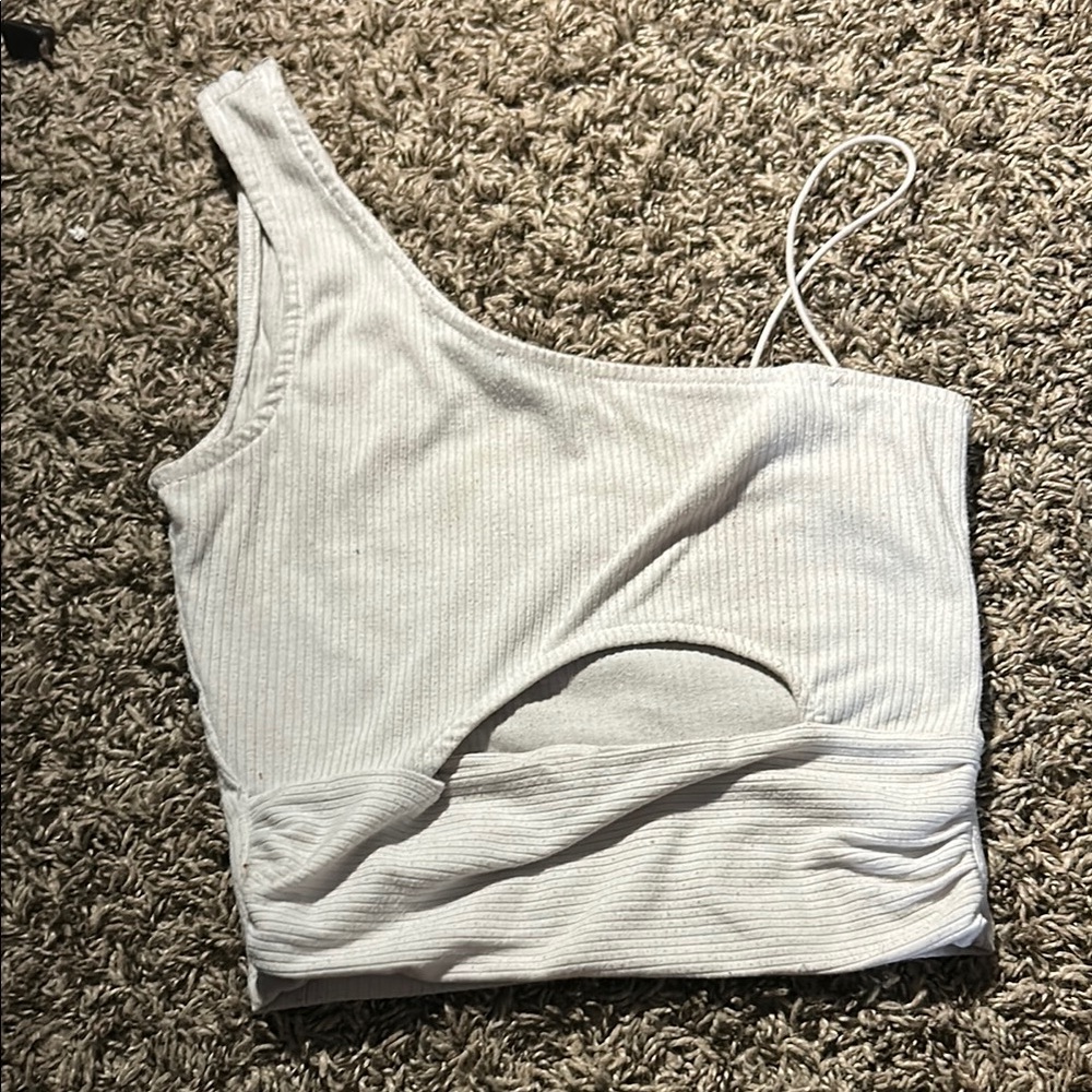 Cream Asymmetrical Sleeveless Ribbed Tank Top